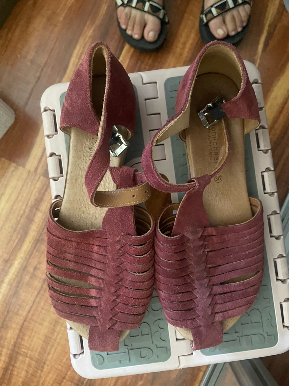 Eric Michael Burgundy Suede Woven Ankle-Strap Sandals